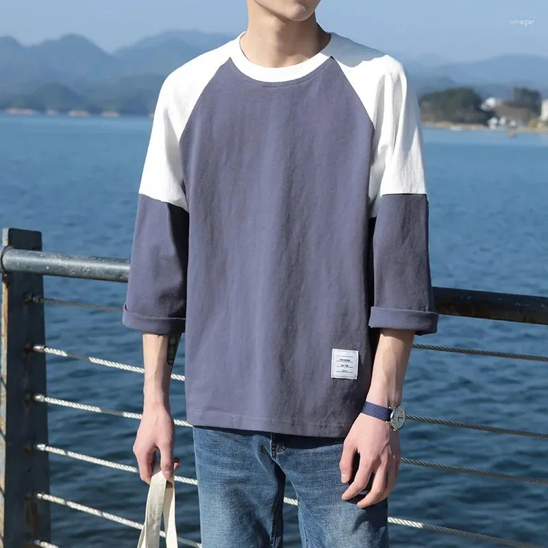 Men's T Shirts Patchwork Summer Korean Three Quarter Sleeve Men High Street Fashion All-match Oversized Hit Color Preppy Style Clothes