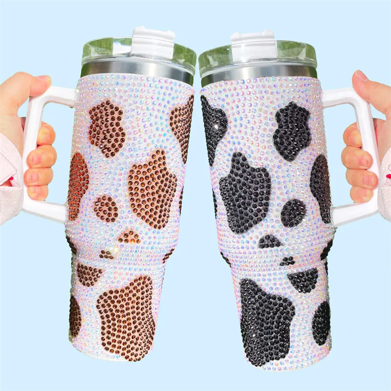 40oz tumblers with handle rhinestone cow print stainless steel double wall travel car mugs
