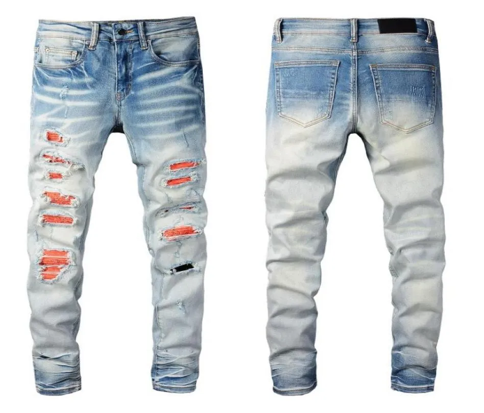 Men039s Jeans High Street Blue Gradient Knee Rise Orange Patch Spodnie jasnoniebieskie szczupłe spodnie 9714545