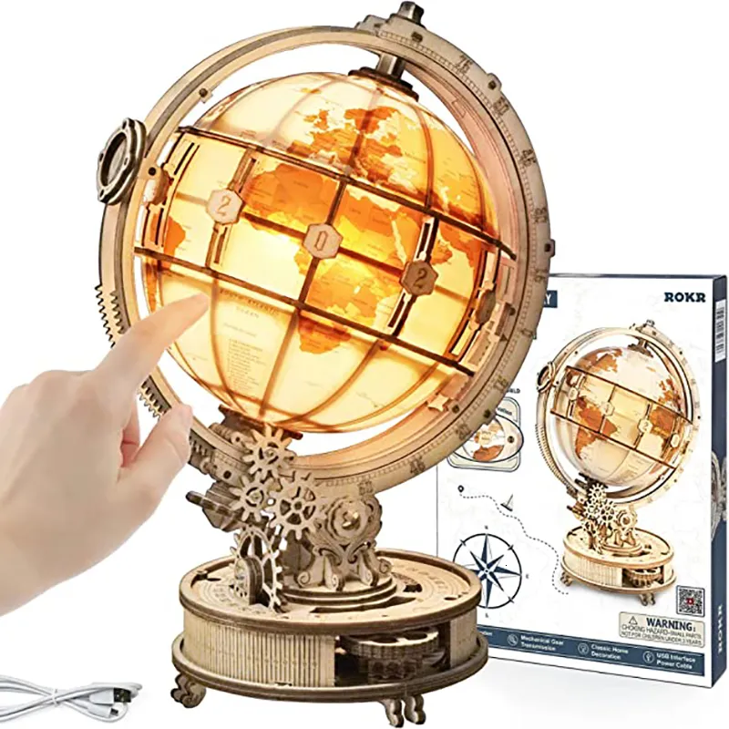 3D -pussel Robotime Rokr Luminous Wood Globe 3D Puzzle Game Assembly Model Building Kit Children's Toys Adult Home Decoration Gifts 230427