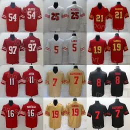 Men Football 25 Elijah Mitchell Jersey 5 Trey Lance 7 Colin Kaepernick 8 Steve Young 11 Brandon Aiyuk 16 Joe Montana 19 Deebo Samuel 21 Deio