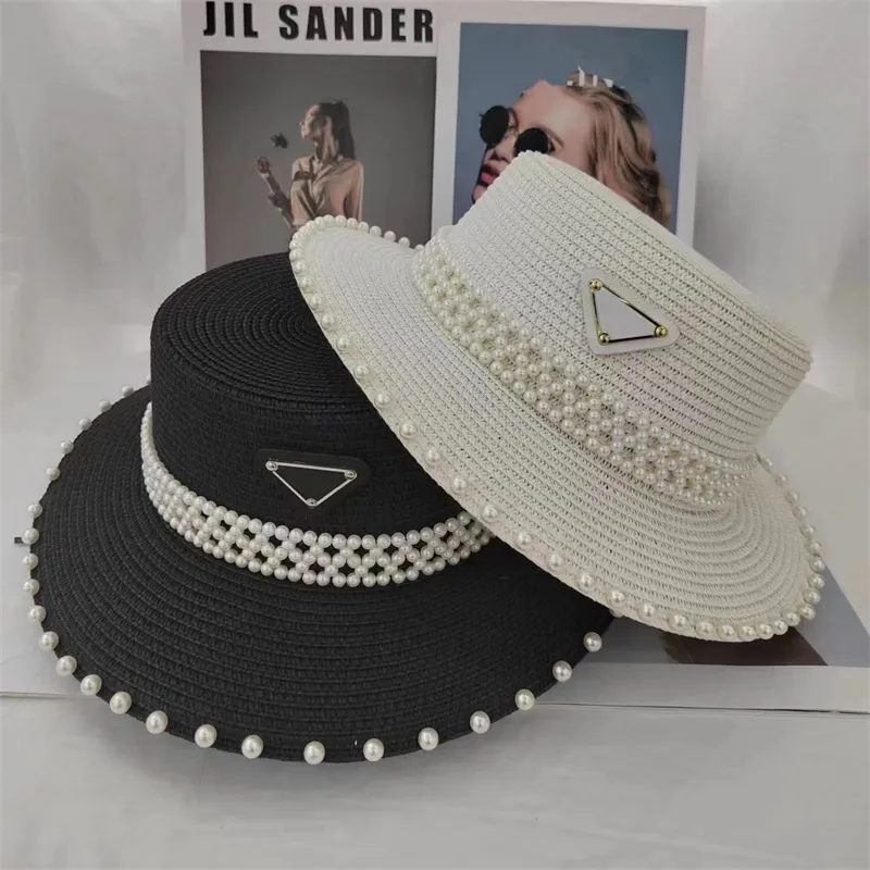 Women Designer Bucket Hat Cap Womens Pearls Brimmed Hats Designers Luxury Brand Letter Straw Hats Summer Pearls Caps Beach Cap Flat tak