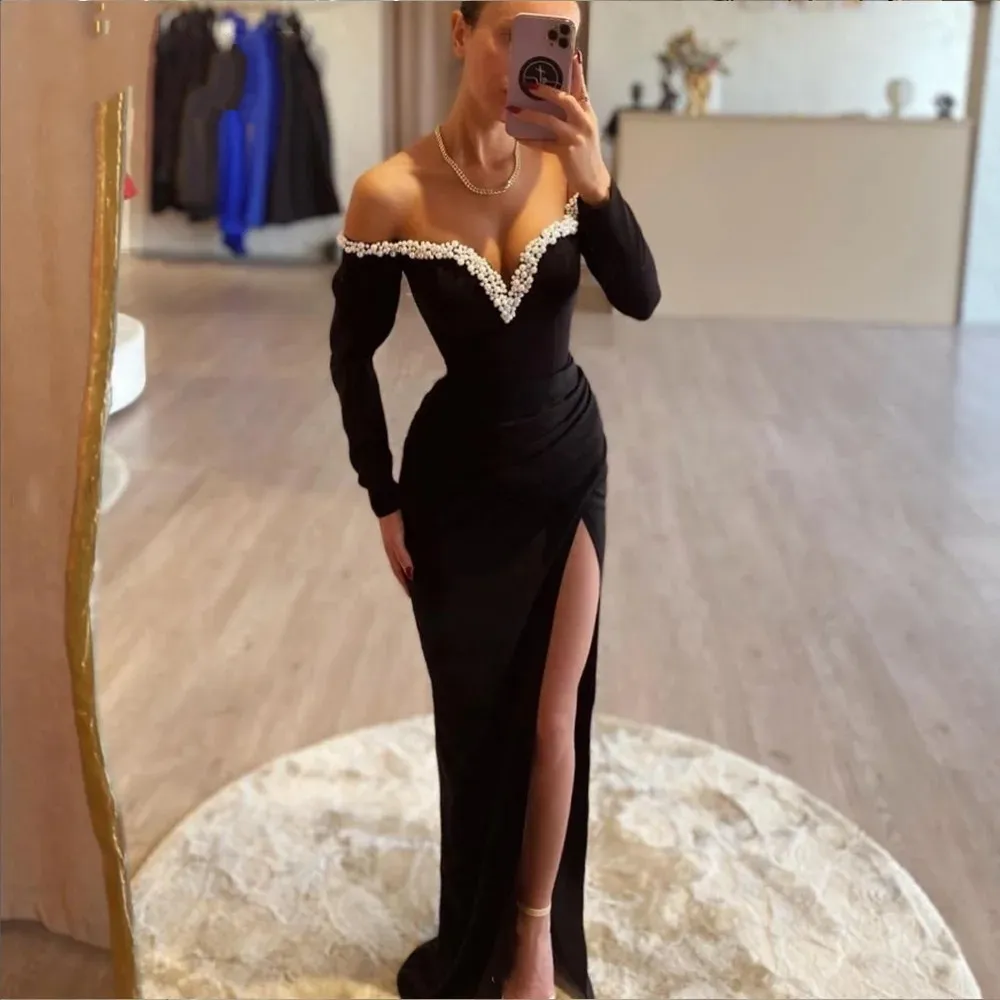Long Side Slit Black Off Shoulder Evening Party Prom Dress Long Side Slit Black Off Shoulder Evening Party Prom Dress