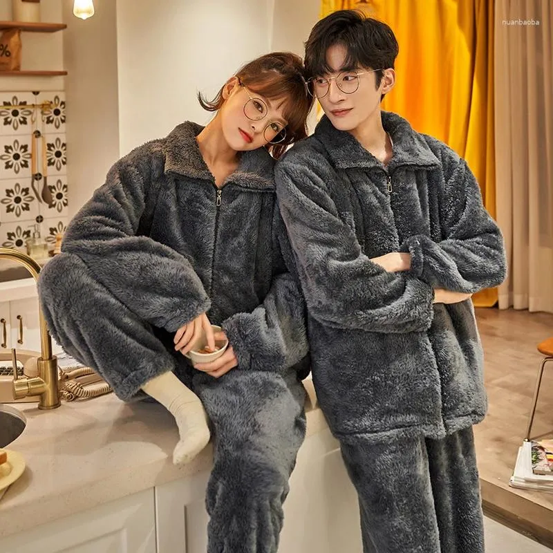 Women's Sleepwear Plush Couple Pajamas Autumn And Winter Cardigan Zipper Thickened Flannel Loose Men's Coral Fleece Homewear Suit