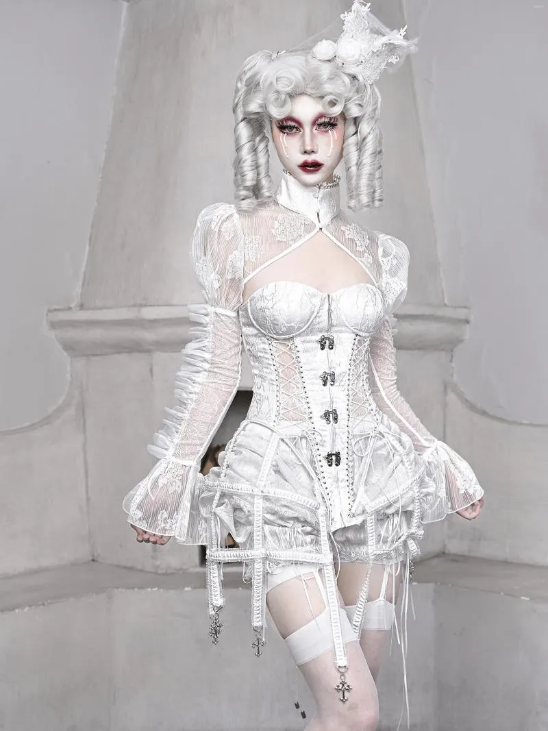 Damesjacks bloedtoevoer originele chiffon mesh bubble mouw stand kraag korte sjaal Cardigan witte gotische tops dameskleding dameskleding