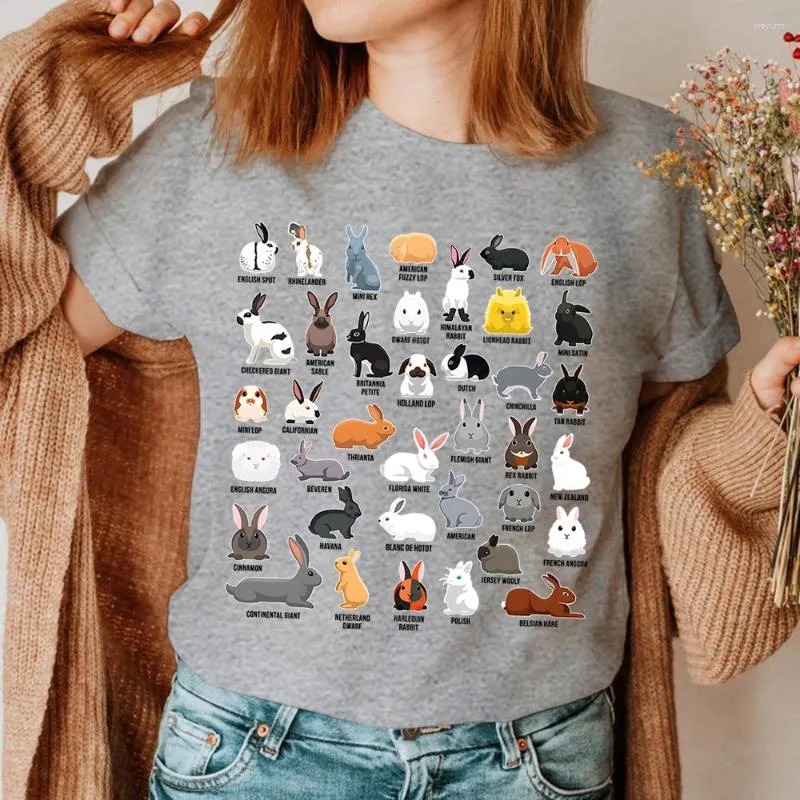 T-shirt manches courtes col rond femme, estival et décontracté, avec Types de lapins imprimés, Kawaii, vêtements de personnalité