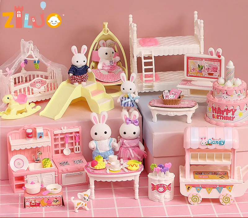 SQAQS Mini Dollhouse Wooden Furniture Kit, Maison de poupées, Maison de poupée Little Rabbit, Maison de Poupée incluant Accessoires et Mobilier, Jouets Cadeaux d'anniversaire(Chambre à coucher