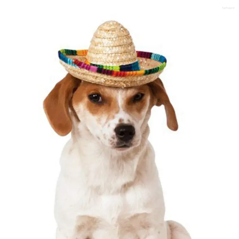Dog Apparel Hat Diameter16cm Mini Puppy Cat Straw Woven Sun Cap Mexican Sombrero Pet Supplies Summer Vacation Natural With Rope