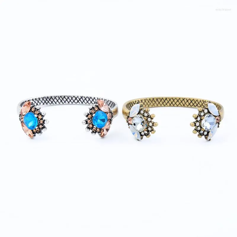 Bangle Bohemia Charm Bracelet For Women Antique Gold Color Round Blue/Transparent Resin Crystal Bangles Hollow Jewelry