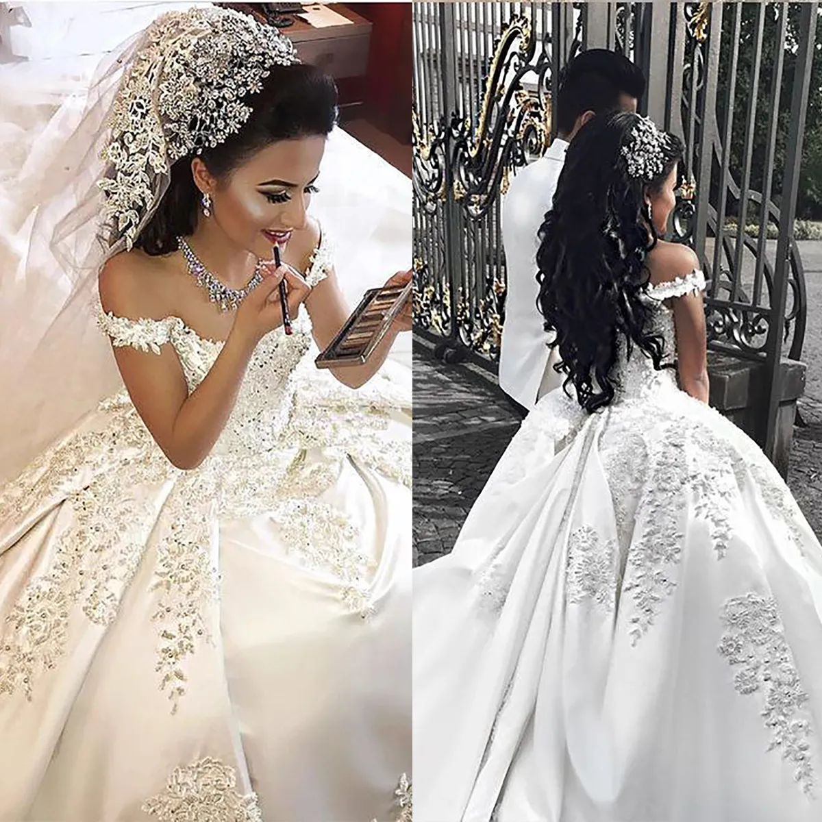 Glamorous Ball Gown Wedding Dresses Off the Shoulder Flower Leaves Applicants Draped Satin Backless Chapel Gown Custom Made Bridal Gown Vestidos De Novia