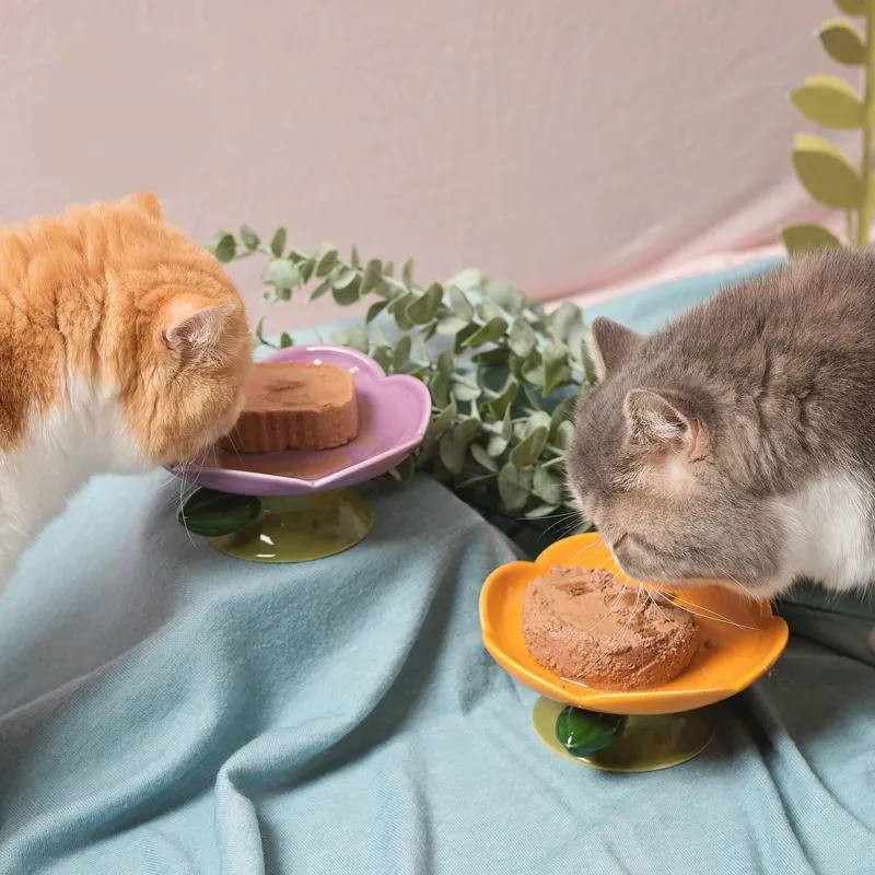 Matning keramisk katt skål blommor form katt ris skål med hög fot nackskydd mat skål nonslip valp matare hund vatten skål husdjur leveranser