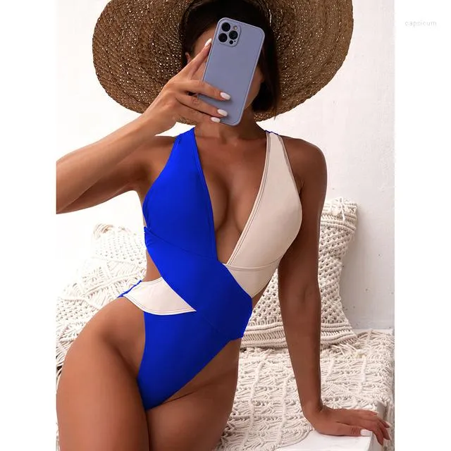 DHgate 2024 Sexy Patchwork Deep V One Piece Swimsuit for Women with Adjustable Straps Apparel