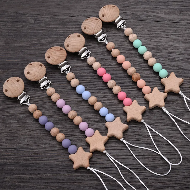 Pacifier Holders Clips# Beech Wood Chew Bead Clips Chain Pentagram Dummy Soere S Nipple for Baby Titting Touch Toy 230427