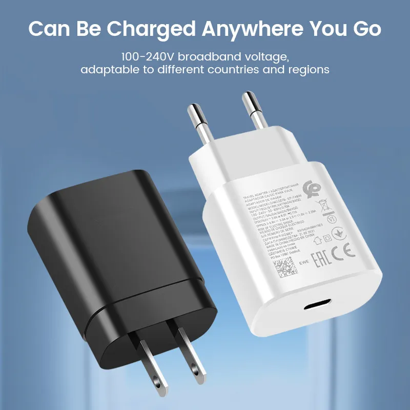 Cargador súper rápido USB tipo C de 25W, adaptador de viaje europeo, enchufe para Samsung Galaxy S23 S22 S21 S20 Ultra Plus A53 A52 A14 iPhone Pixel