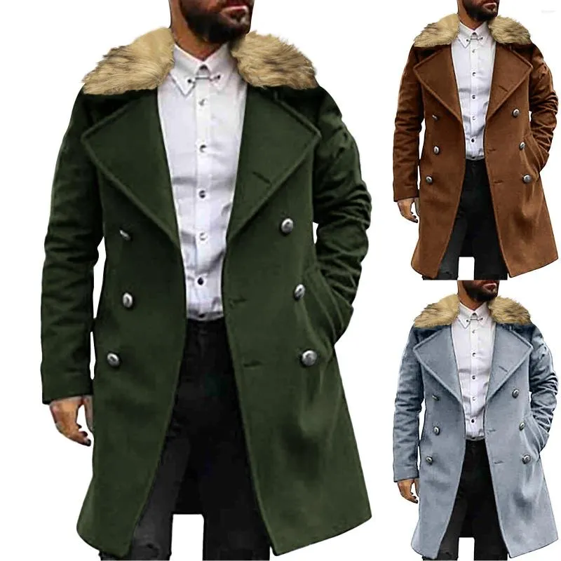 Men's Wool Winter Men Fur Long Woolen Coat Straight Lapel Button Pocket Solid Black Fashion Oversize Office Casual Warm Outwear Tops