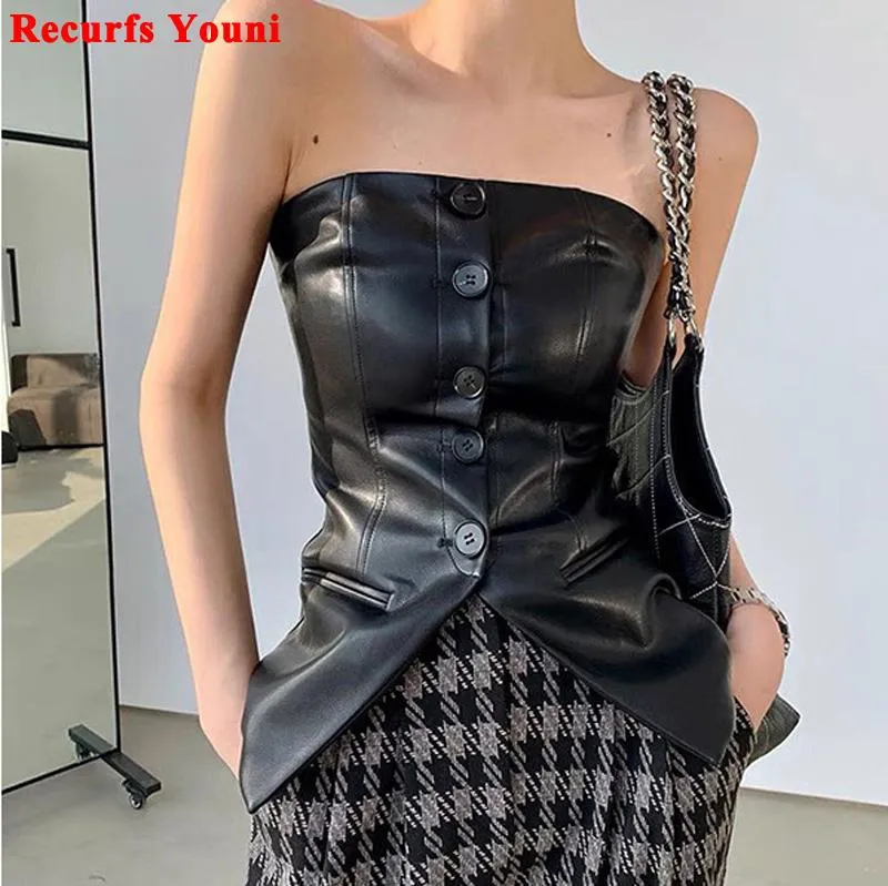 Vester European American Sexy Tube Top Women Customer Color äkta läder Slim Fitness Collarless Jacket Femme Chic Streetwear Corset