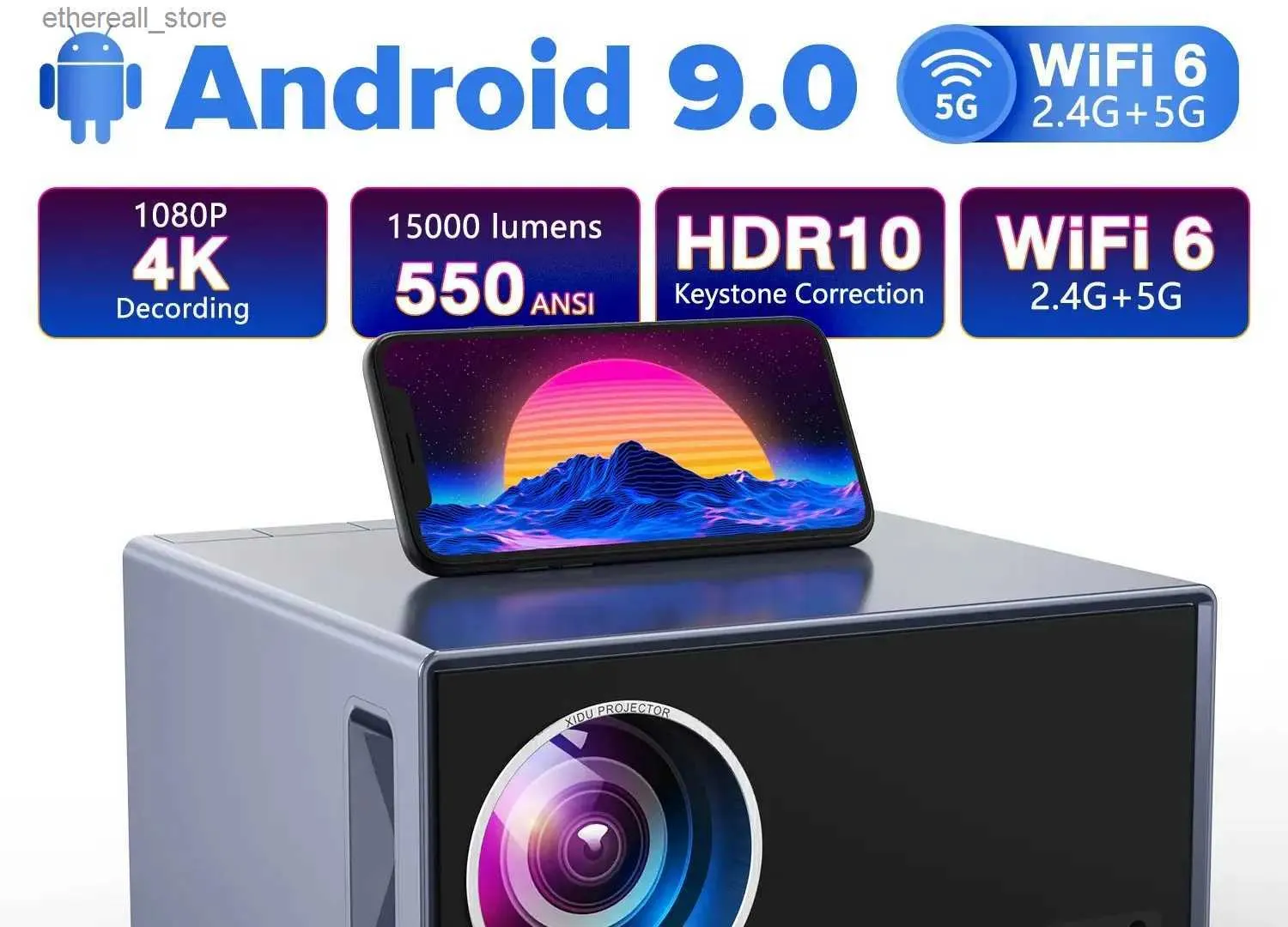 Проекторы XIDU Проектор 4K Android 9.0 Full HD Native 1080P 16000 люмен Bluetooth 5.1 WiFi 6 Видеопроектор для телефона Проектор домашнего кинотеатра Q231128