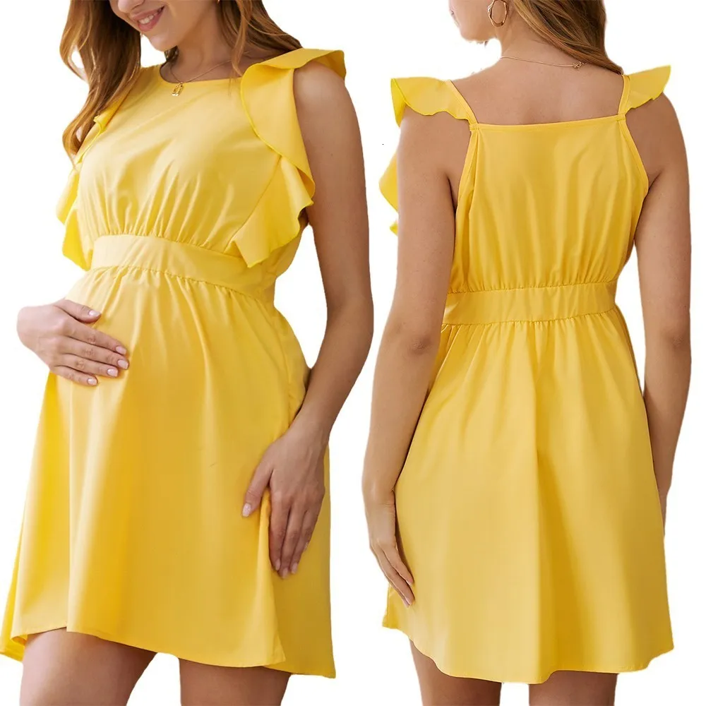 Yellow Ruffled Sleeve Yellow maternity dress for Baby Shower and Premama - Solid Midi Style