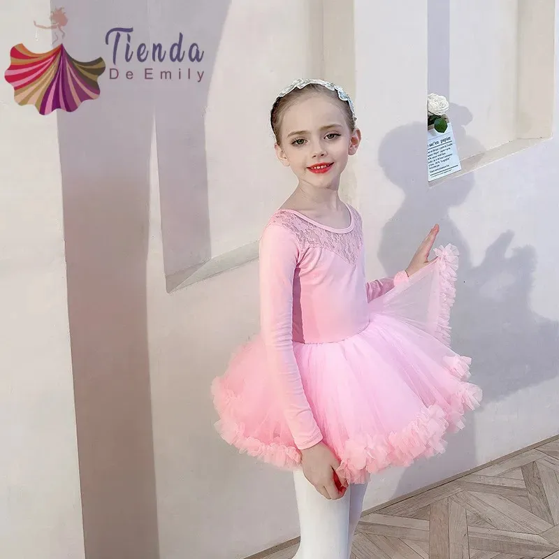 Dancewear vestido de balé de manga comprida meninas saia de treinamento tutu roupas de dança clássica exame infantil collant renda costura rosa 231127