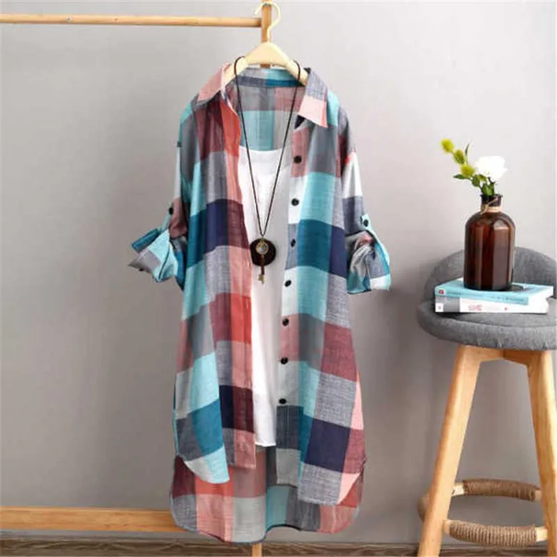 T-Shirt LOHILL New Summer Tops Women Long Sleeve Check Tunic T Shirts Ladies Baggy Blouse Dress Plaid Women's Sun Protection Clothing