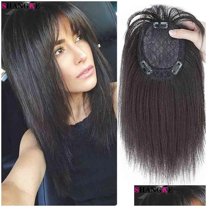 Peças de cabelo Shangke curto reto sintético topper com franja invisível 3d para mulheres clipe de onda de água em extensões 28 gota entrega p dh6oz