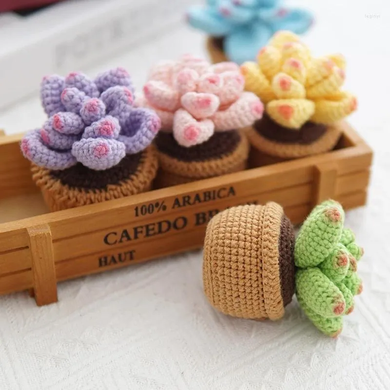 Flores decorativas Croche hecho a mano de punto en macetas plantas artificiales falsas adorno de coche de flores regalo de vacaciones de cumpleaños decoración del hogar