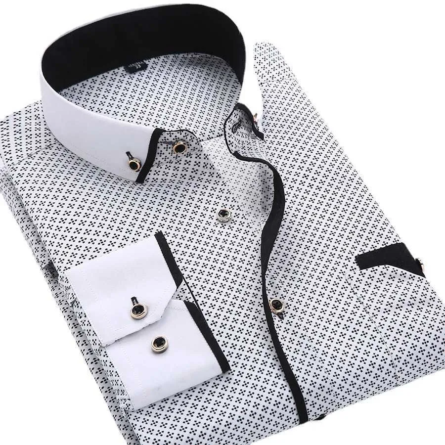 メンズドレスシャツ品質ビッグサイズ5xlメンドレスシャツ新しい到着長いスリムフィットボタンダウンカラープリントビジネスソーシャルメンズシャツP230427