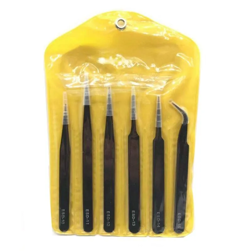 PINCET 6PCS ESD مضاد من الفولاذ المقاوم للصدأ مضاد غير القابل للصدأ مجموعة الصيانة مجموعة أدوات مجموعة الأدوات النموذج المضاد لمكافحة أداة أداة اليد