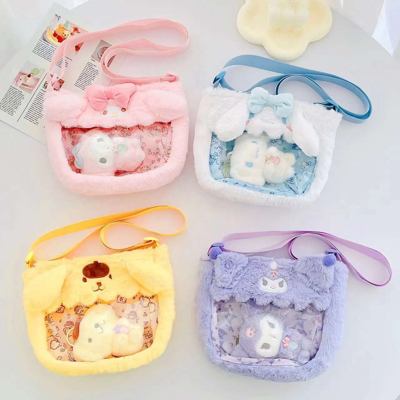 Söt rektangulär transparent PVC -väska Kulomi Plush Crossbody Bag