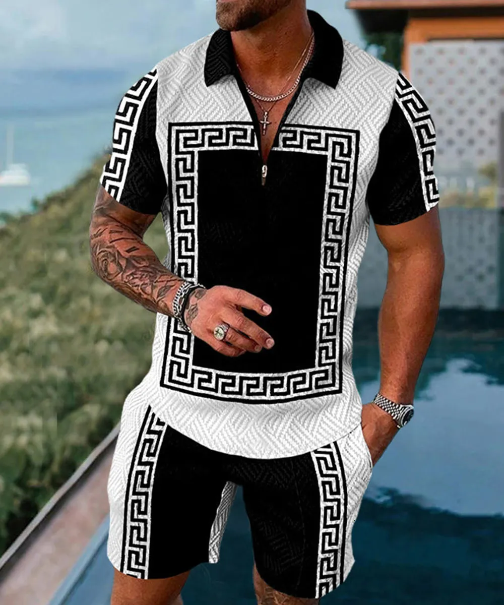 メンズ ジャージ 夏 メンズ ポロシャツ 半袖 3D トレンド 高級ゴルフ Tシャツ ブラック ファッション ブラウス ショート パンツ トラックスーツ 2 枚セット 230428