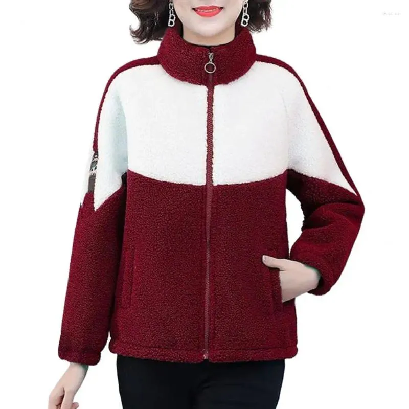 Damenjacken, Reißverschlussjacke, gemütlicher Farbblock-Wintermantel, Plüsch, warm, Stehkragen, Strickjacke für Damen, stilvoller Nackenschutz, Herbst