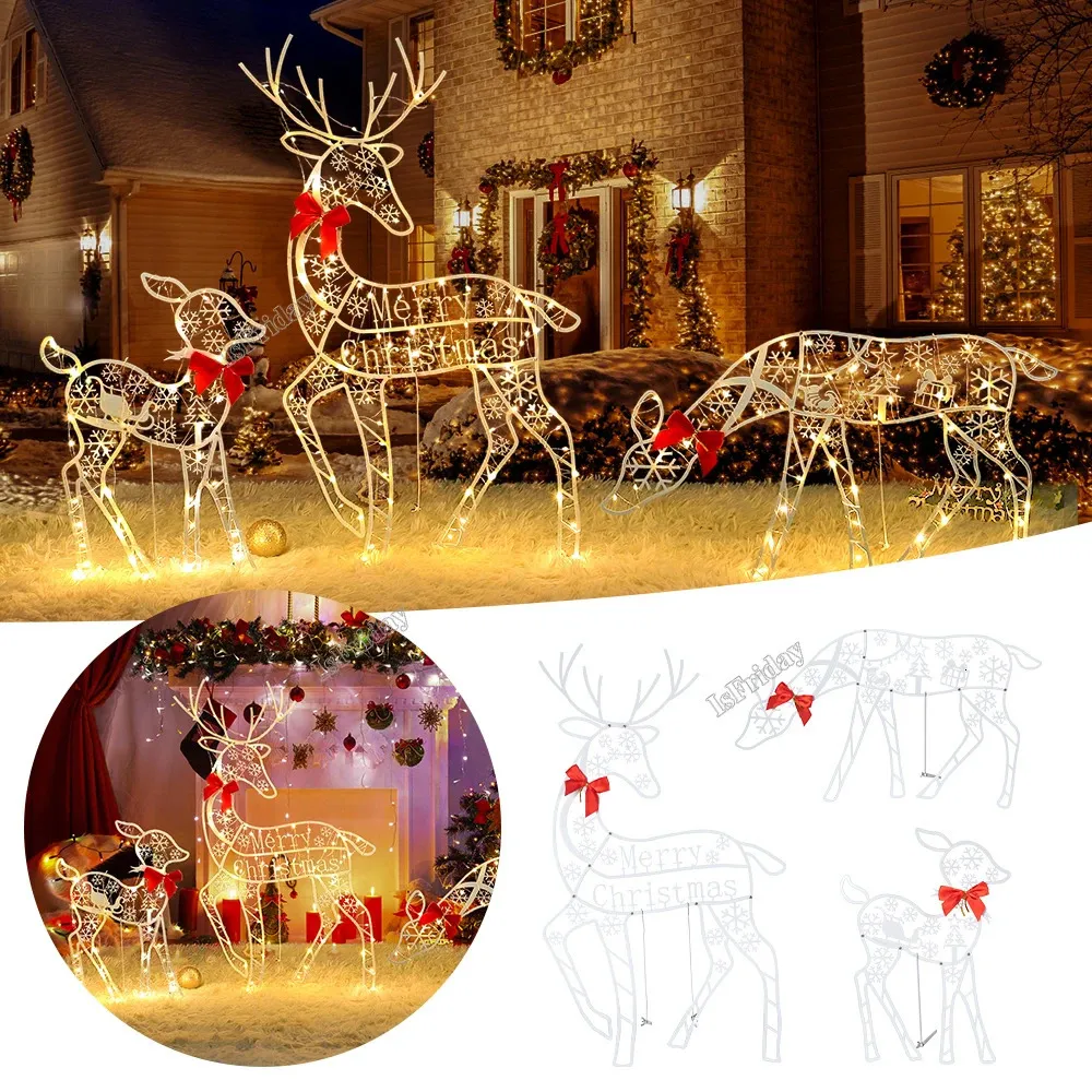 Dekoracje ogrodowe 3PCS Handmake Iron Art Elk Deer Deer Decor LED LED LIGHT LIGHT Glowing Glitter Reindeer Xmas Home Outdoor Yard Ornament Y231127