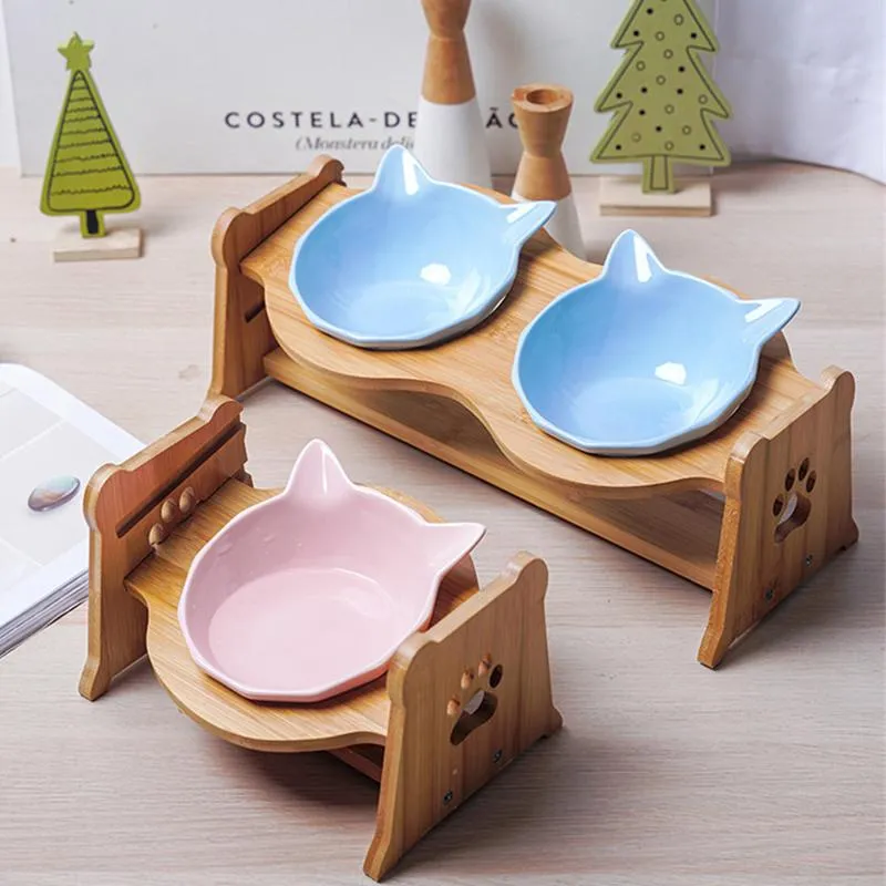 Alimentación de mascotas, cuenco doble, comida para perros y gatos, soporte para alimentador de agua, plato de cerámica elevado, mesa de madera, comedero para perros con estampado bonito, suministros para mascotas