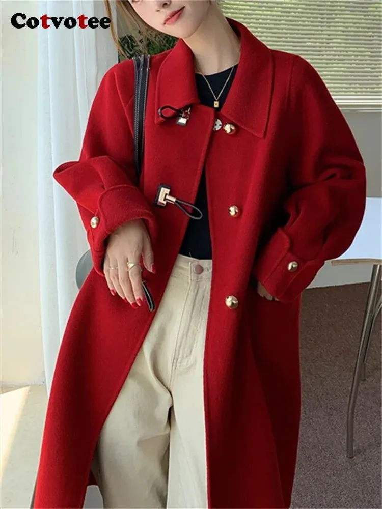 Men's Wool Blends Cotvotee Red Coat Women Autumn Winter 2023 Vintage Turn Down Collar Long Coats Casual Sleeve Horn Button Jacket 231128
