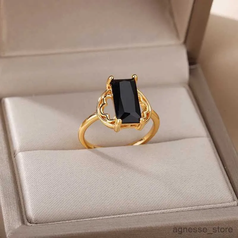 Anéis de casamento retângulo preto zircão pedra anéis para mulheres aberto ajustável cor ouro anel de aço inoxidável casamento casal anéis jóias r231128