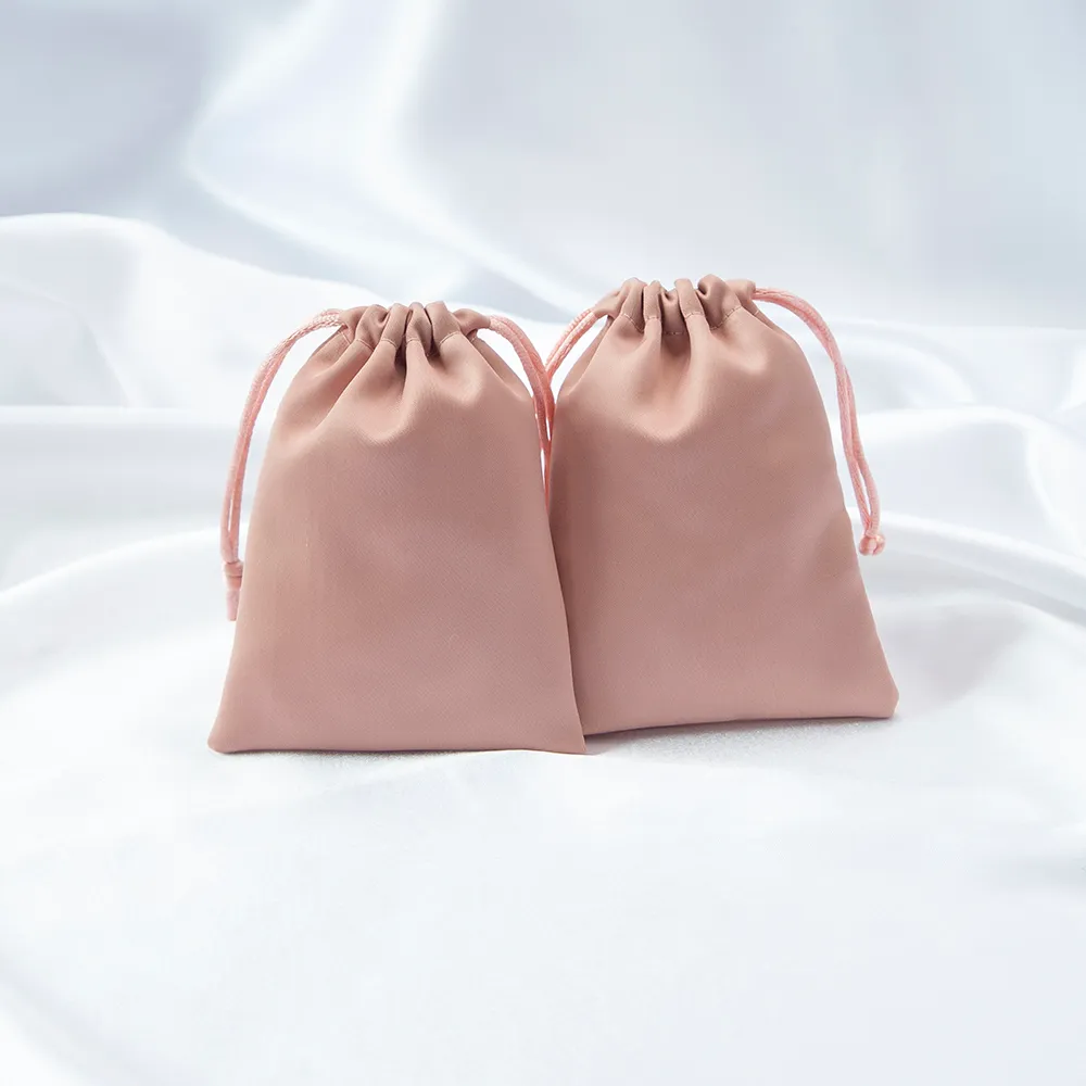 50st Pink Slik Satin Jewelry Bag Dust Velvet DrawString Påsar smycken Package Pouch Earring Ring Packaging Pouch Wedding Candy Bag Produktpaket Present