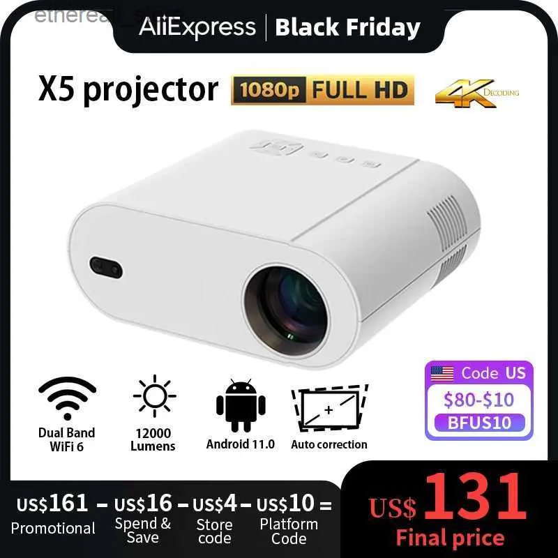 Projectoren X5-projector 4k ondersteund Android 11 Full HD 1920x1080p 12000 lumen Wifi 5G BT Beam-projector voor thuisbioscoopvideoprojector Q231128