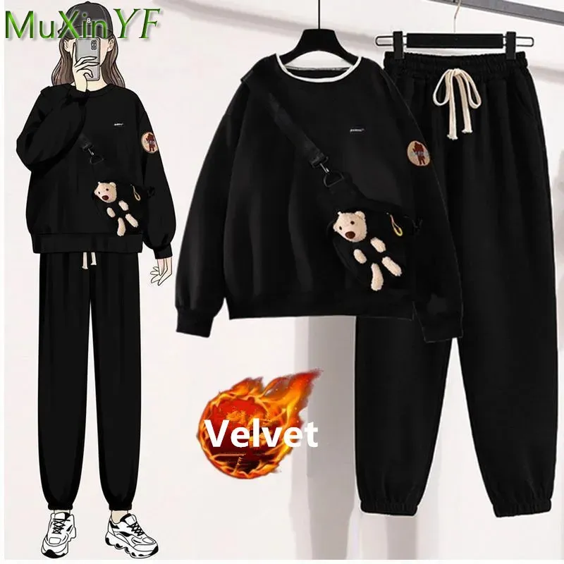 Frauen Jacken Winter Dicke Samt Warme Kleidung Koreanische Mode Nette Bär Tasche Sweatshirt Hosen Schwarz Set Casual Sport Hosen Tops anzug 231128