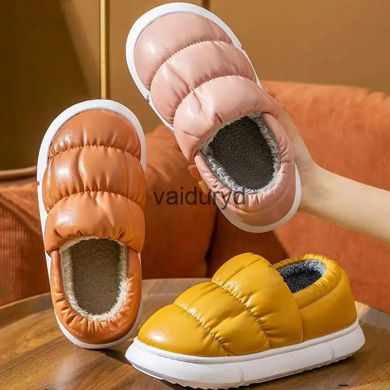 Sapatos Home Inverno Mulheres Pu Couro Fluffy Plataforma Chinelos Quente Pelúcia À Prova D 'Água Memória Espuma Slides Homens Indoor Home Non Slip Cotton Shoesvaiduryd