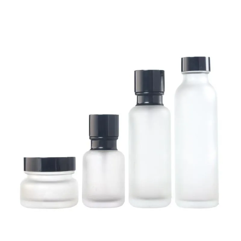 Bouteille en verre de 50G avec couvercles en plastique à grains de bois, 50ML, 110ML, 150ML, crème en verre givré, récipient cosmétique, bouteilles à pompe Fsvlc