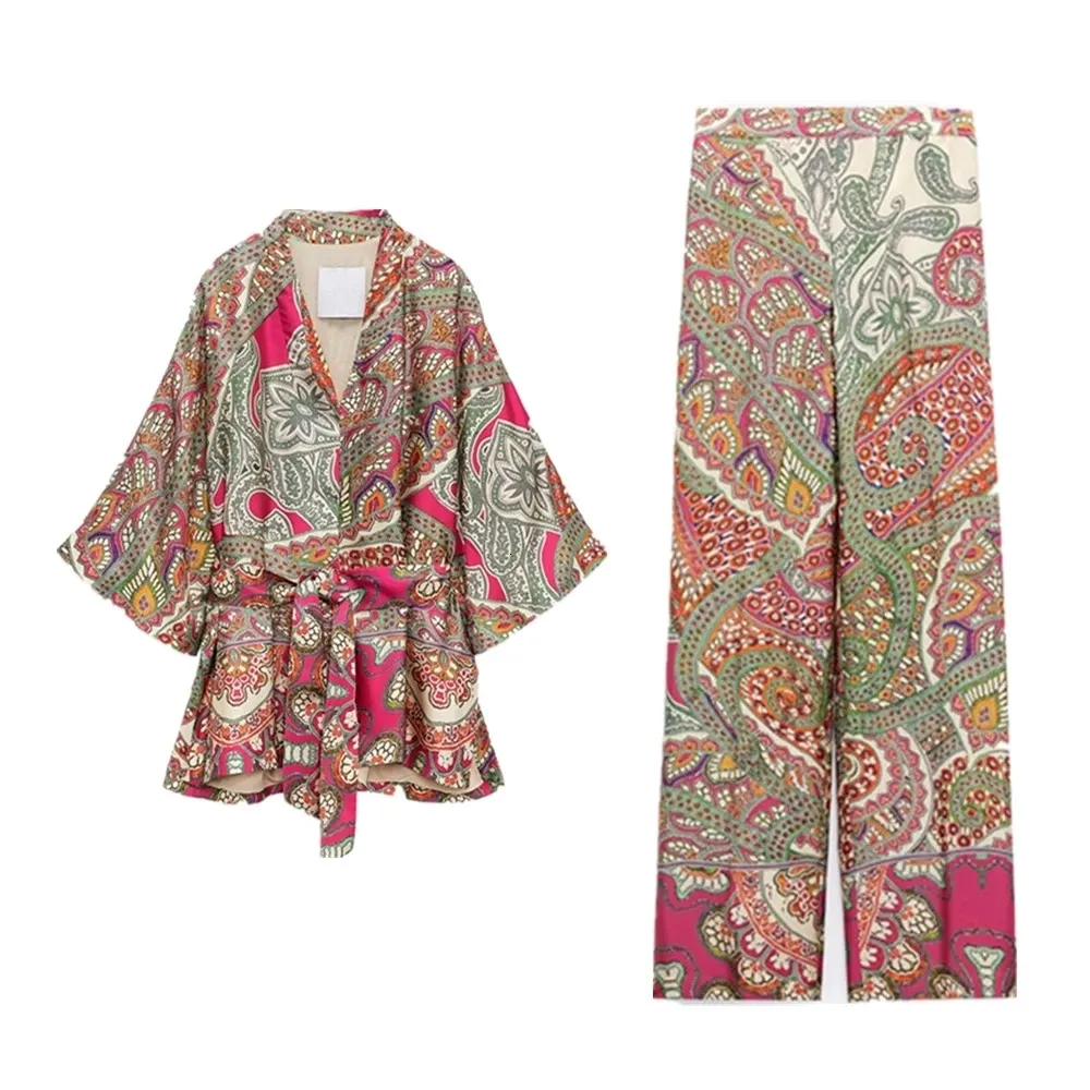 Vêtements de nuit pour femmes Ensemble de pyjama imprimé rétro pour femmes 2 pièces avec pantalon taille haute Vêtement de nuit ample pour femmes à manches longues Kimono Ceinturé Pijama Home Suit 230428