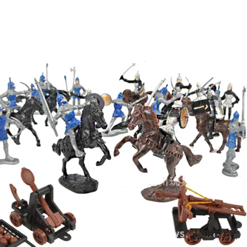 Militära siffror 28st/Set Medieval Military War Color Warriors Ancient Cavalry Battle Steed Chariot Static Military Figures Model Children Gift 231127