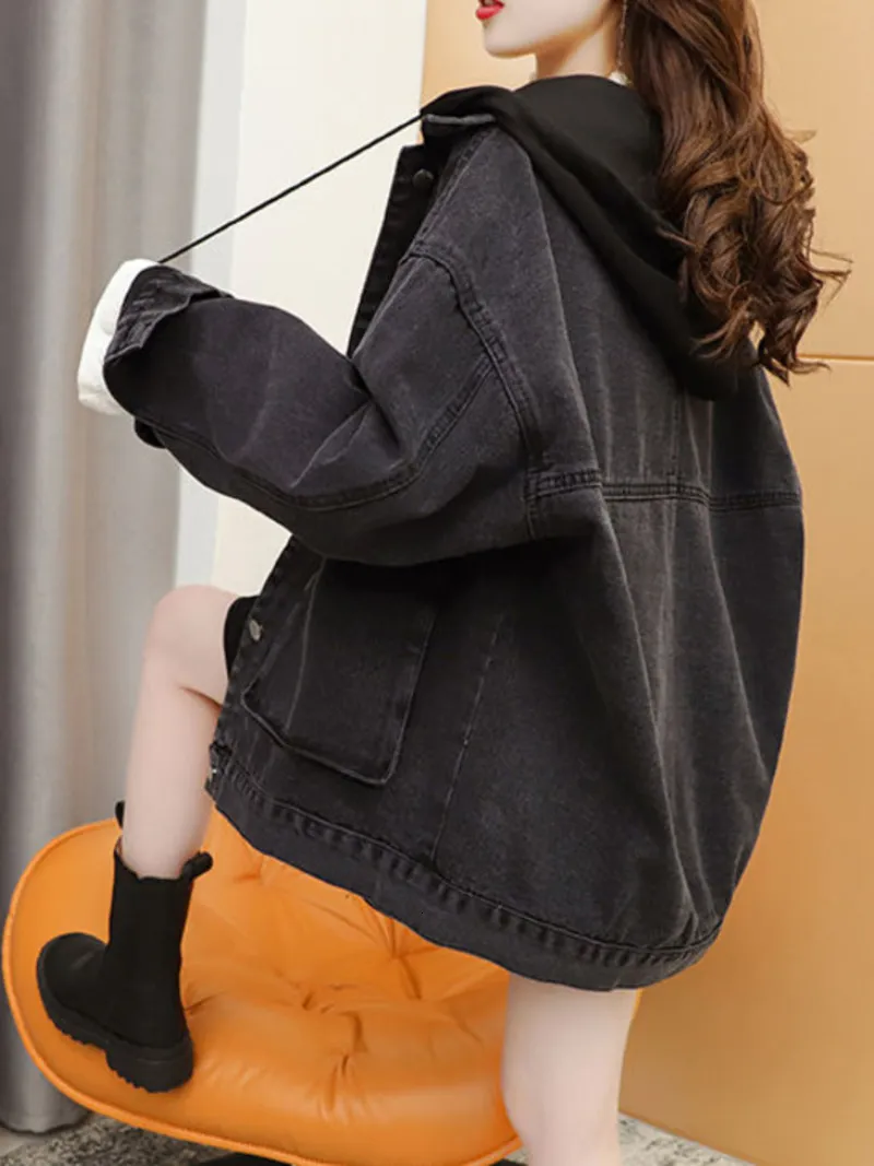 Женские куртки уличная одежда черная джинсовая куртка женская корейская модная лоскутная капюшона с капюшоном, повседневная чакетас veste jeans femme 230428