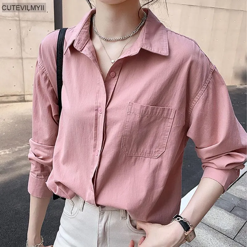 Women's Blouses Shirts Pink White Shirt Women's Loose Ladies Pockets Solid Blouses Fashion Korean Tops Long Sleeve Clothing Button Plus Size 230428