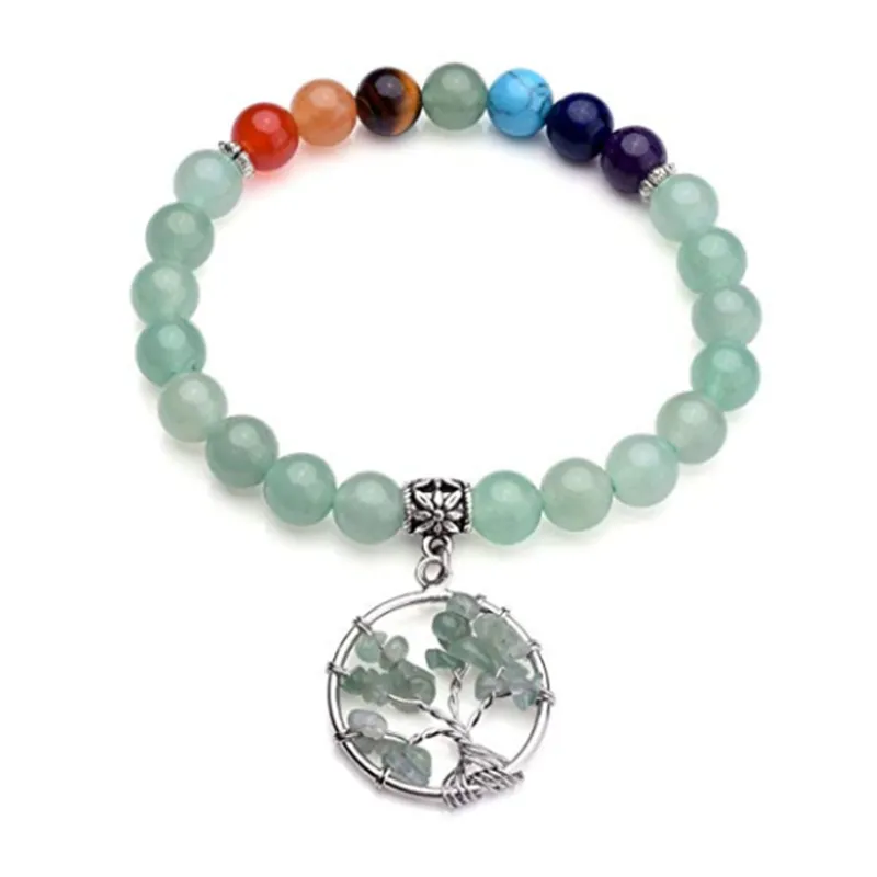 Strand Argent Plaqué Arbre De Vie Connecter Vert Aventurine Perles Bracelet Élastique Guérison Chakra Oeil De Tigre Pierre Bijoux Perlé Brins