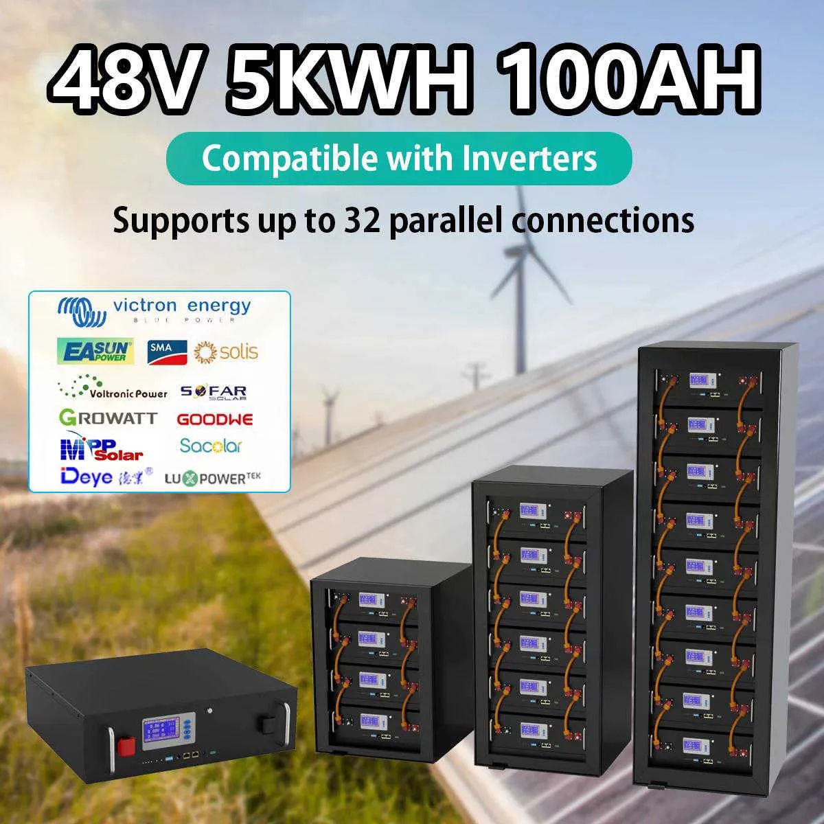 LIFEPO4 48V 100AH ​​Pil Paketi 5kW Lityum Güneş Pili 6000+ Döngüler PC Kontrolü RS485/Ev Enerjisi Depolama için Can İletişimi