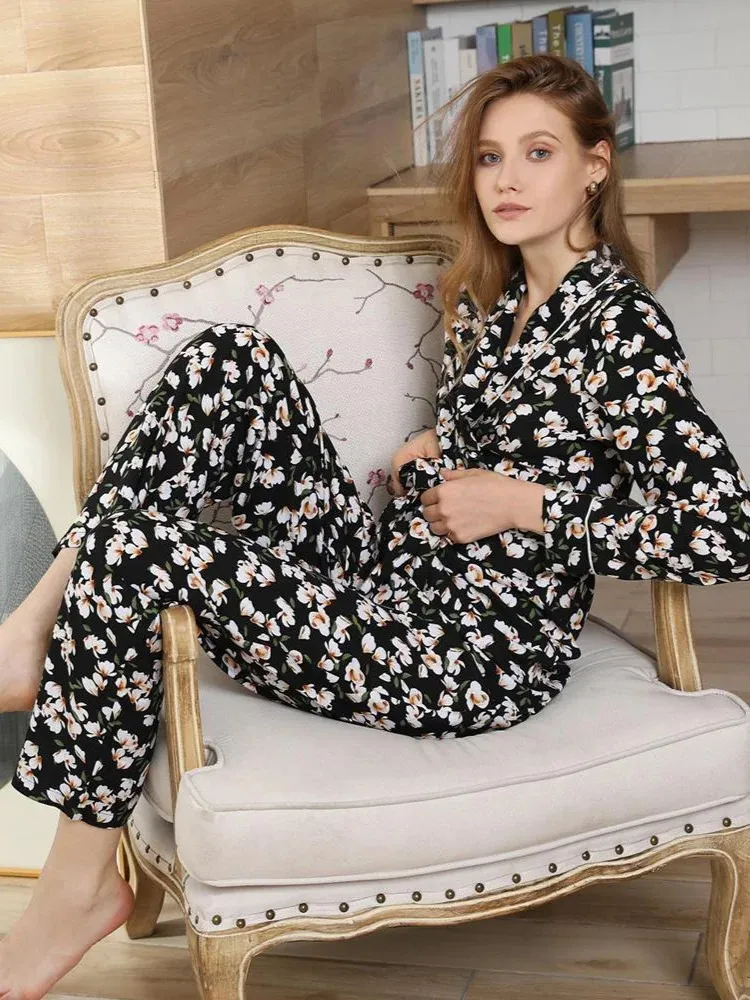 Женская одежда для сна с цветочным принтом и длинными рукавами. Женский пижамный комплект. Халат. Брюки для отдыха. 2 шт.