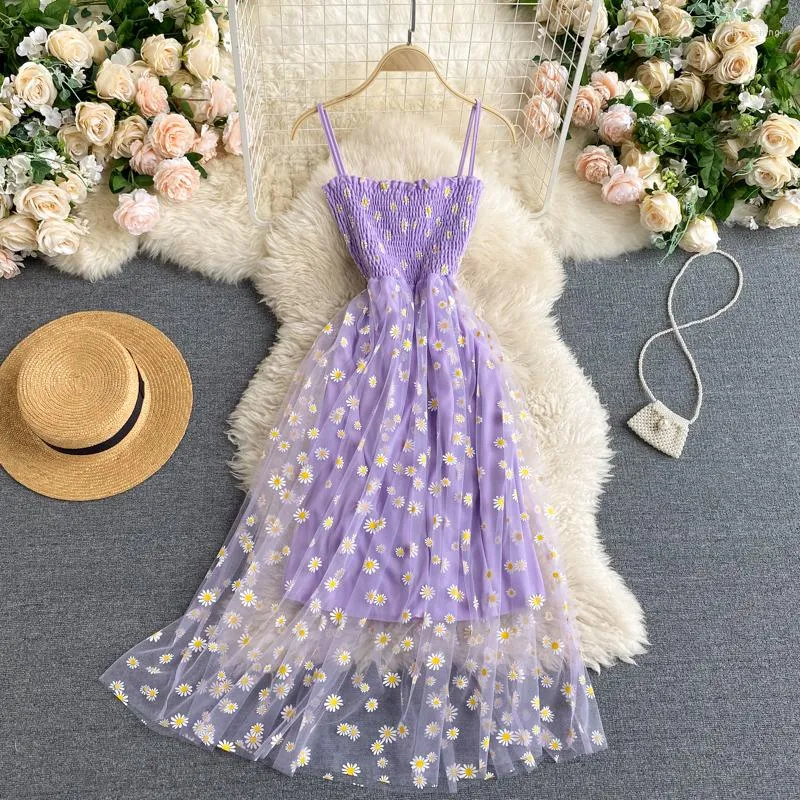 Повседневные платья сексуальное фиолетовое платье ромашки Camisole Party Off The Plouds Summer Vestidos de Mujer Вышивая сетчатая сетка Elastic Y2K Bodycon Women