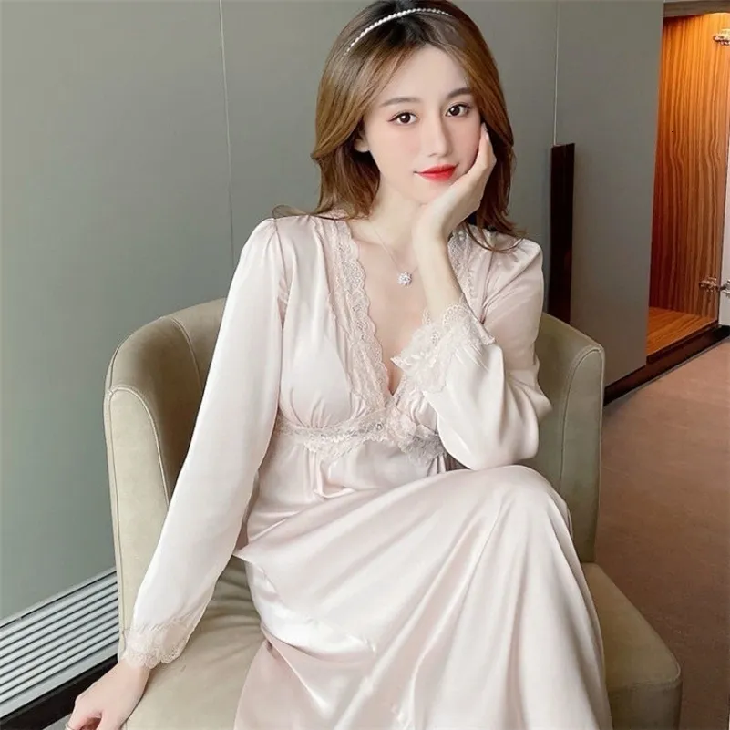 Sexy Pyjamas Deep V-Neck Nightgown Sexy Women Satin Sleepwear Nightdress Lingerie Female Kimono Dressing Gown Princess Style Nightwear 230428