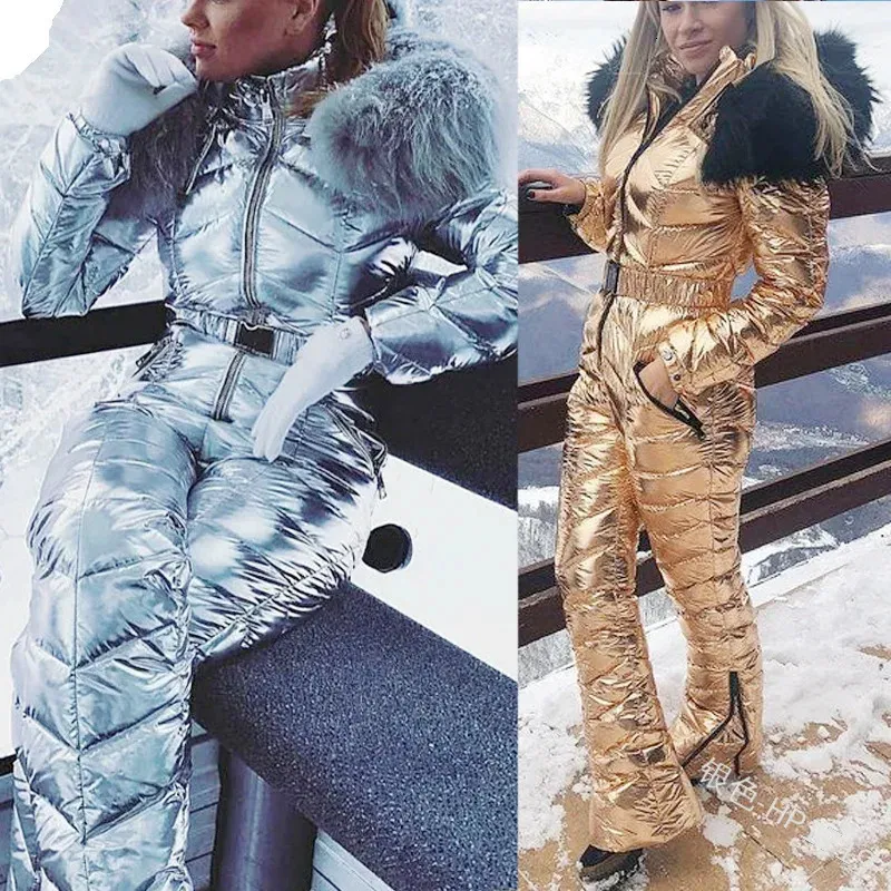 Other Sporting Goods Shiny Silver Gold OnePiece Ski Suit Women Winter Windproof Jumpsuit Snowboarding Female Snow Costumes 231127